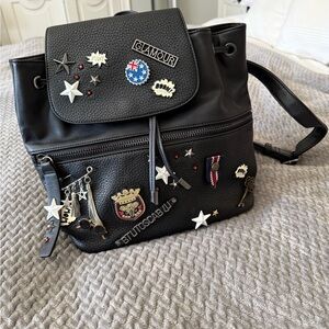 Tosca Blu Black Studded & Badge Accent Leather Backpack